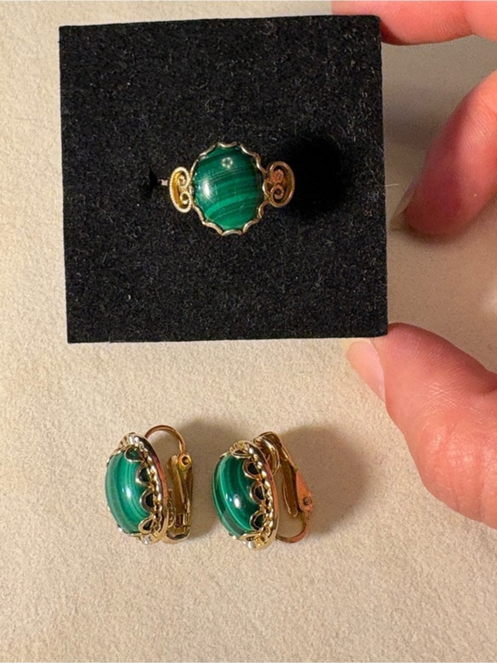 Gold-Tone Malachite Stone Clip-On Earrings and Ring Set